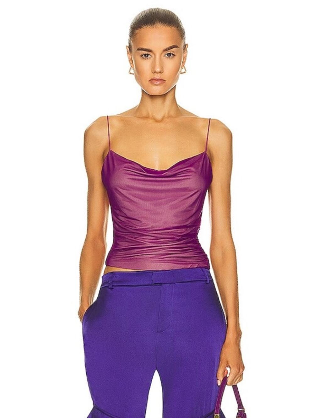 Gauge81 Lilburn Purple Draped Cowl Neck Sleeveless Mesh Camisole Tank Top S